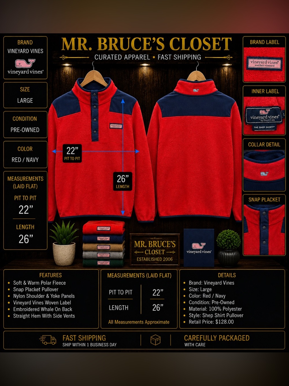 Vineyard Vines Red Sherpa Snap Pullover with Navy Yoke
